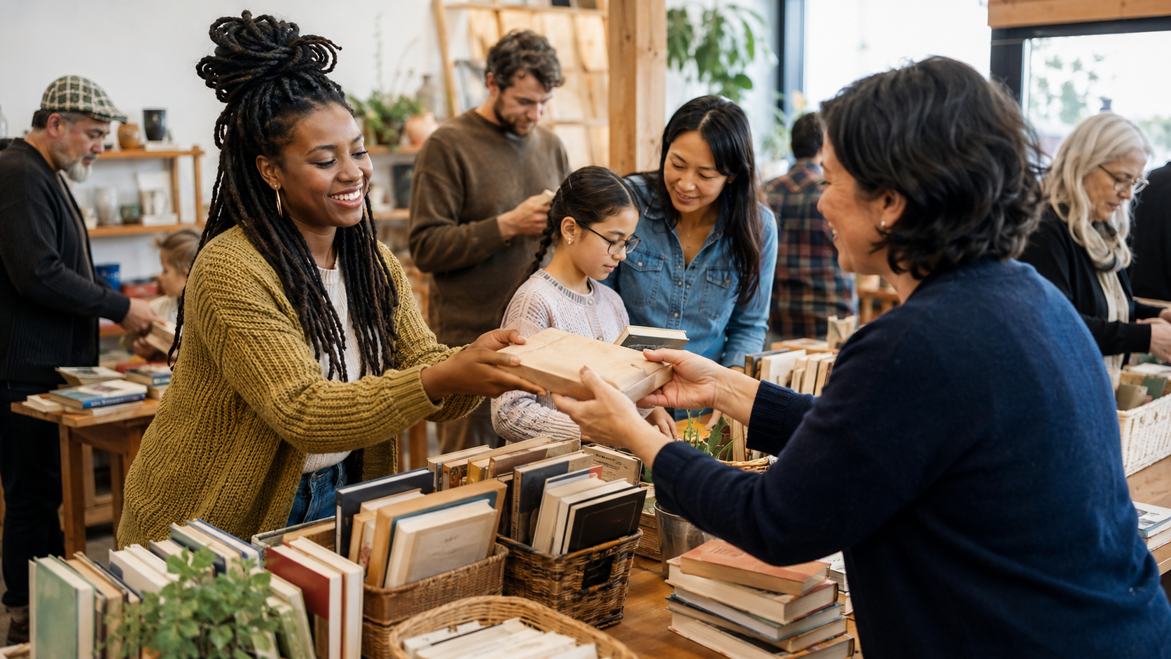 Neighbors exchanging gently loved books at a community book swap