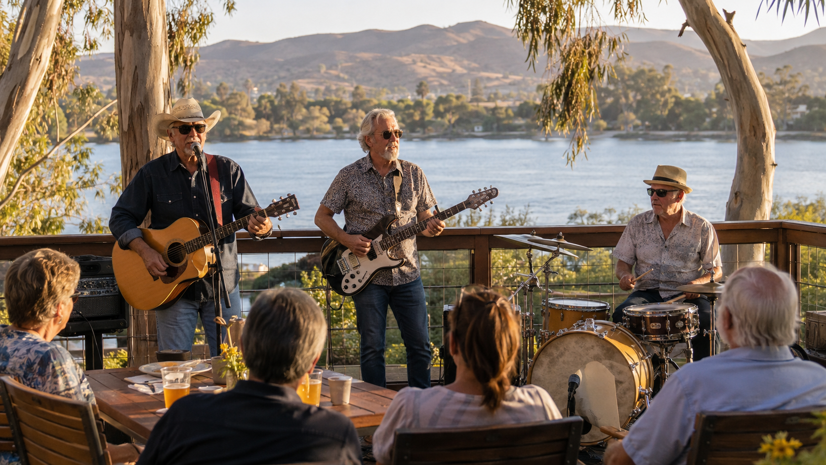 Country musicians performing on a lakeside deck