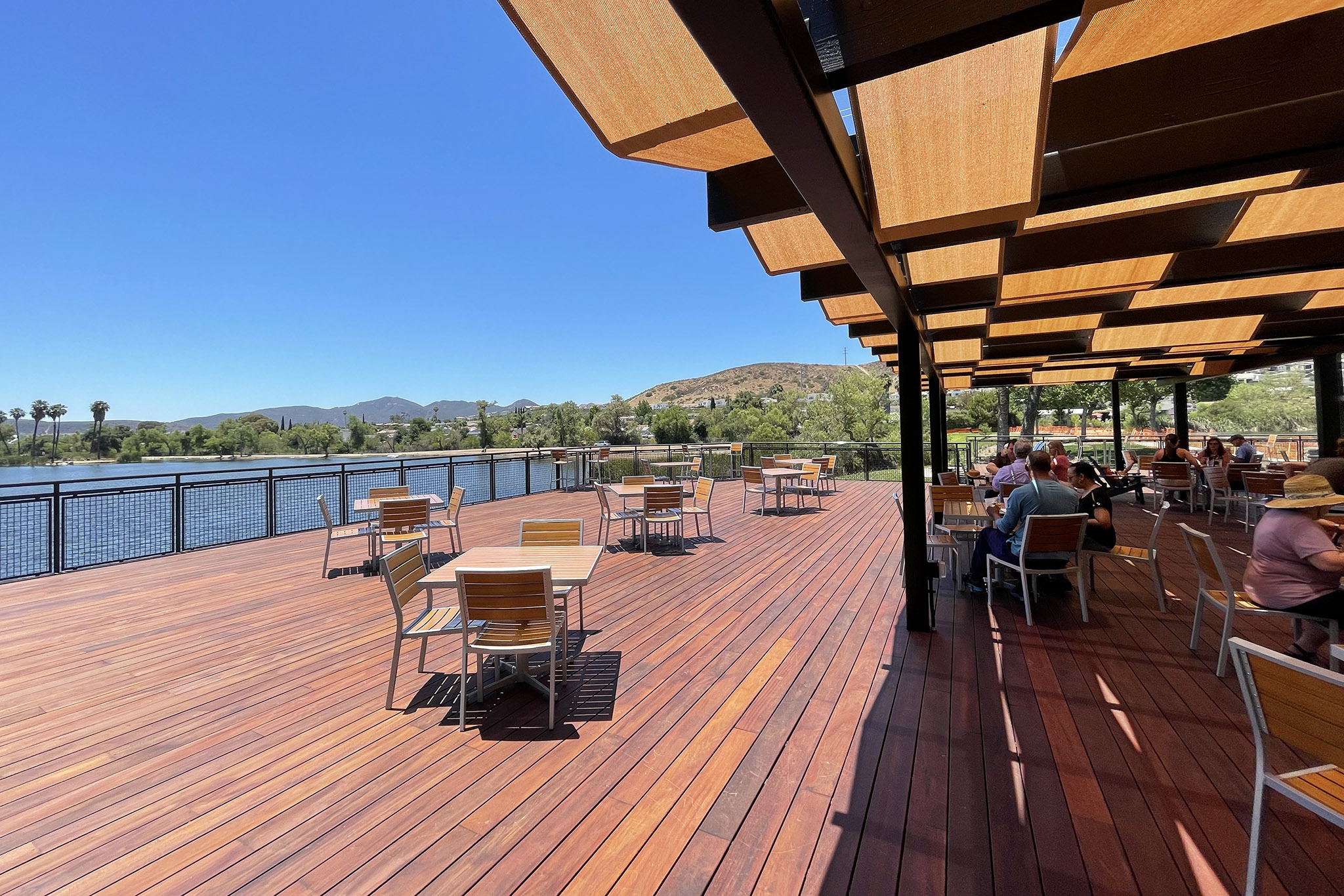 The lakeside dining deck at Santee Lakes Recreation Preserve